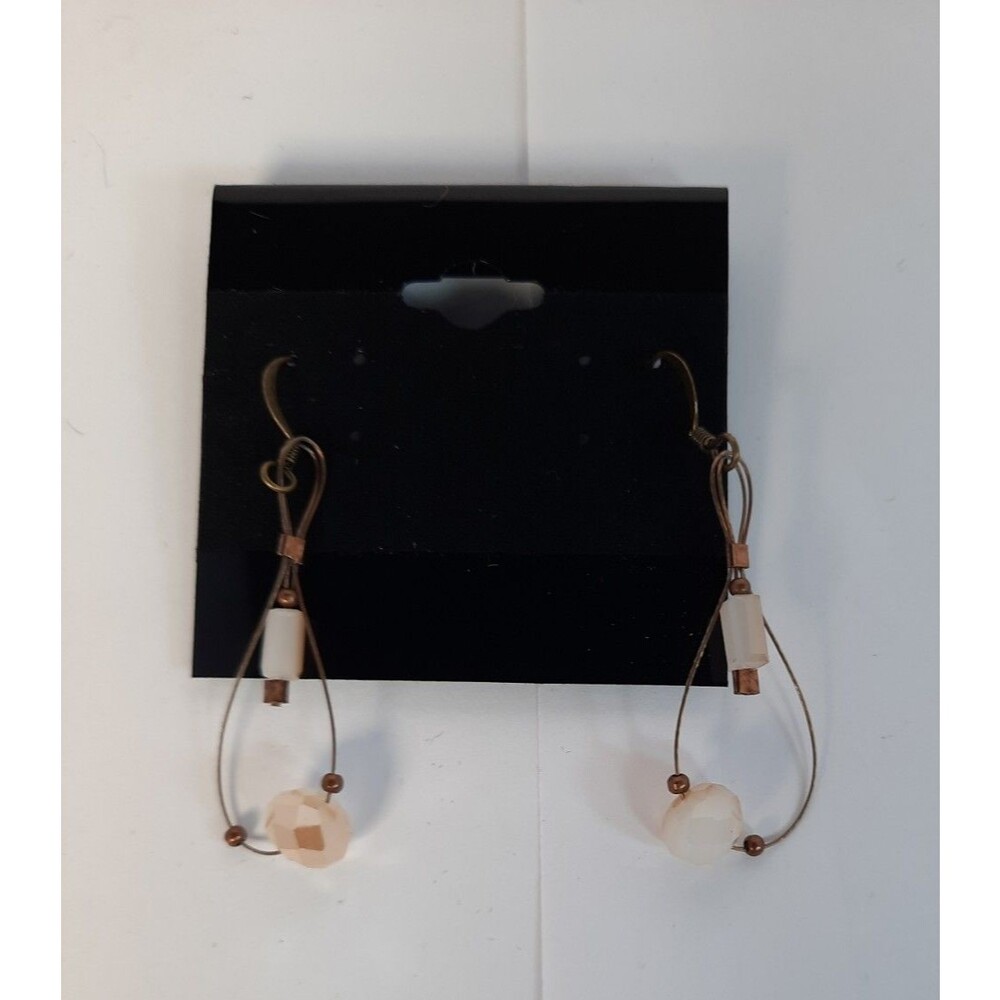 Brass Toned Wire dangle Earrings W/ Hanging Round and tubular cream colored bead